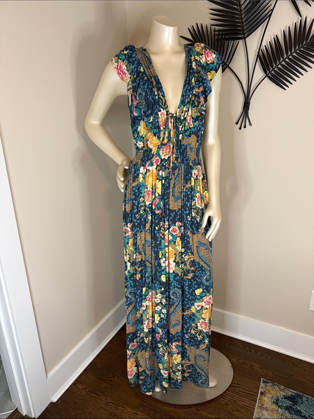 Billabong Navy Floral Paisley Ruffled Deep V Maxi Dress